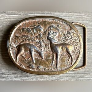 Deer Mountains high relief brass belt buckle oval 3” E97 Indiana Metal Craft